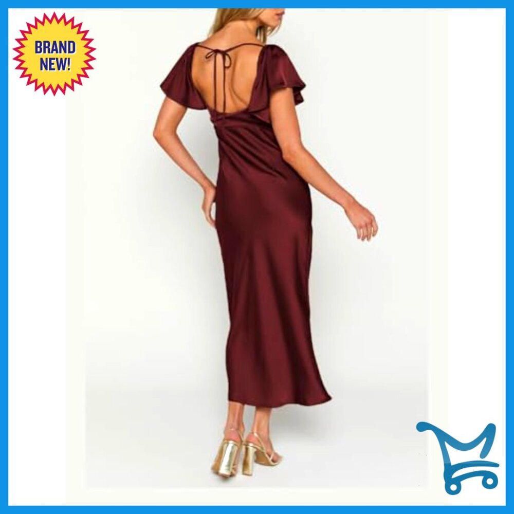 Satin Flutter Sleeve Sweetheart Neckline Cutout Back Midi Cocktail Dress Elegant - Picture 3 of 7